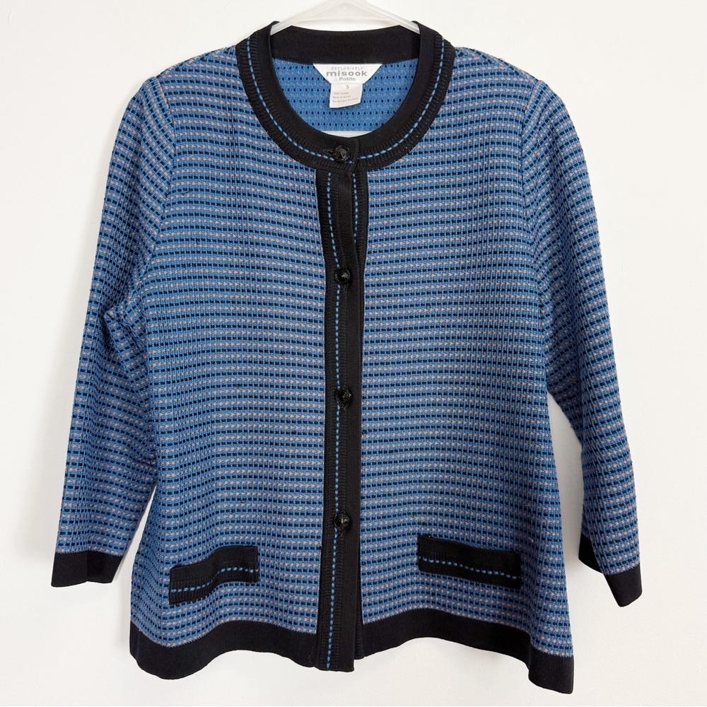 Exclusively Misook Cardigan Sweater Womens Small Petite Blue Knit Button Front